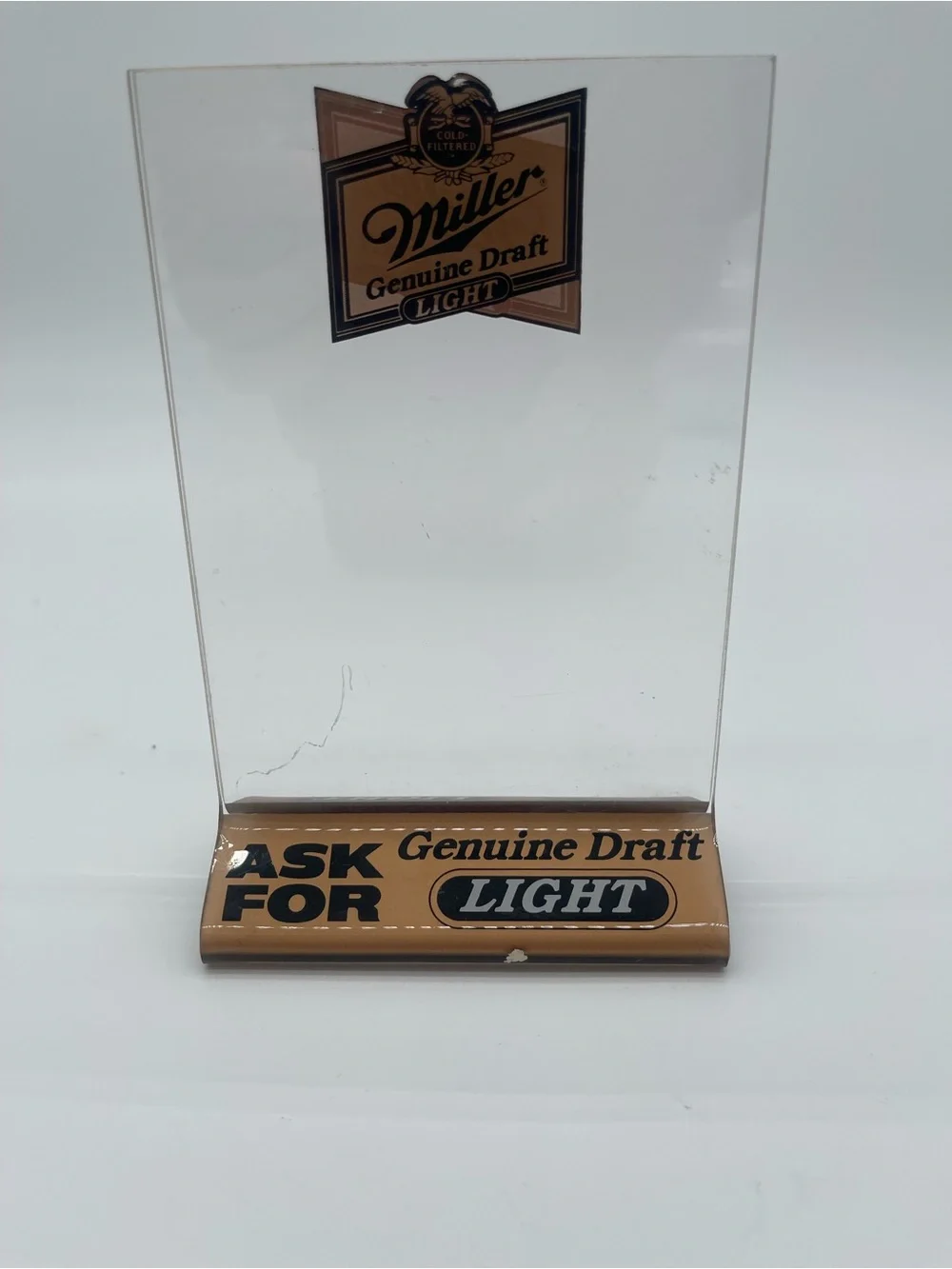 Miller Genuine Draft Light Beer Table Tent Menu Bar Display Acrylic Holder Sign
